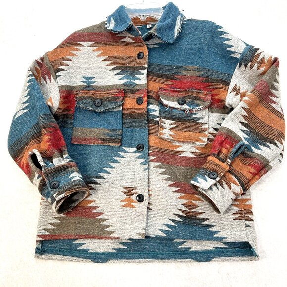 AZTEC Jacket Women Small Wool Blend Big Button Western Cowboy Oversized Boxy - Picture 1 of 12